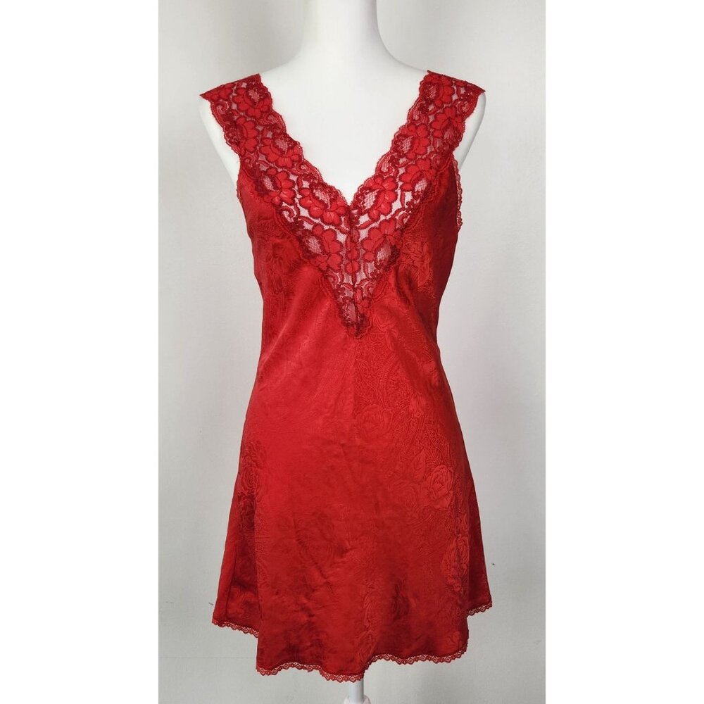 Vintage Val Mode Lingerie Y2K Red Satin And Lace Floral Print Babydoll Top Med?*